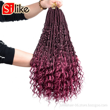 Pre-looped Synthetic Boho Box Braided Silike Hair Goddess Locs messy box braids Crochet Bohemian Hair with Curly Ombre Burgundy